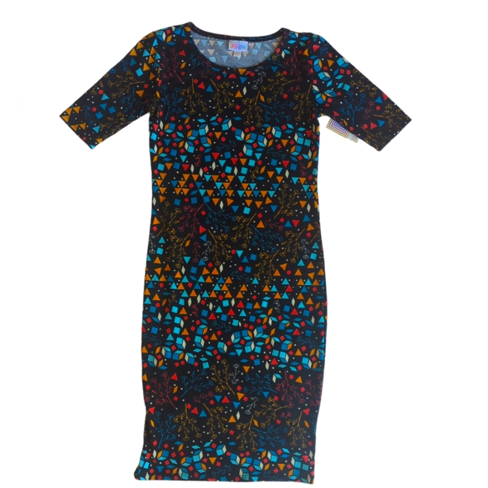NWT LuLaRoe Julia Bodycon Short Sleeve Dress XXS Black Blue Multicolored Pattern - Picture 2 of 13